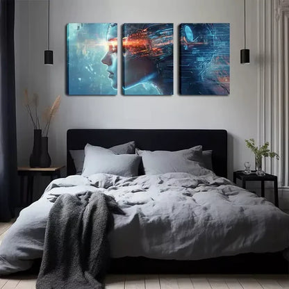 3pcs Surreal Cyborg Brain Triptych Wall Art Set Canvas Unframed - High Quality Print 100% Australian Made Wall Canvas