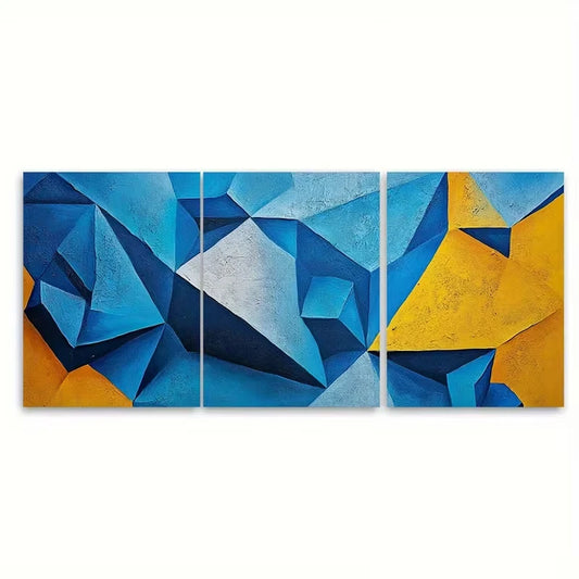 3pcs Abstract Textured Blue and Yellow Geometric Metal Print Ready to Hang Art