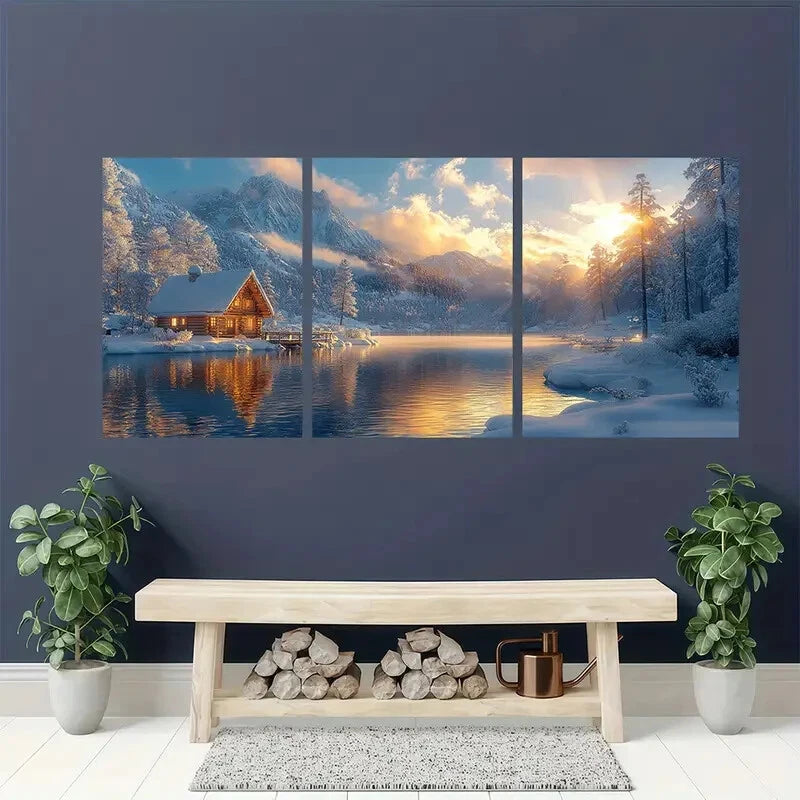 3pcs Christmas Winter Snow Scene Landscape Art Metal Print Ready to Hang Art - Bella Home Decor