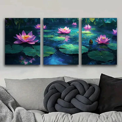3pcs Water Lilies in Moonlight Luxurious Home Wall Art Set Canvas Unframed - High Quality Print 100% Australian Made Wall Canvas