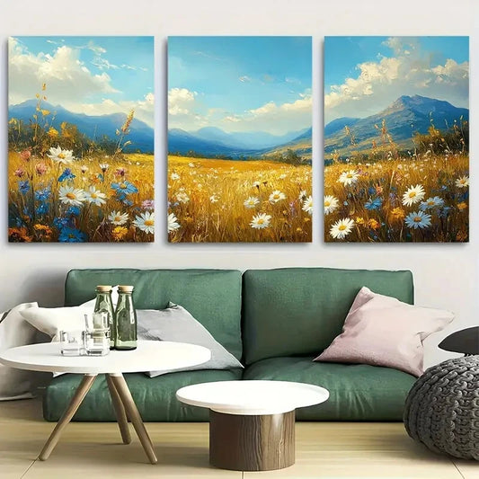 3pcs Wildflower Field with Daisies and Sky Metal Print Ready to Hang Art