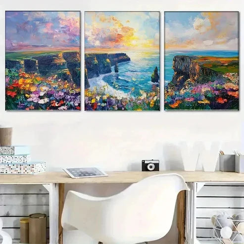 3pcs Cliffs by Sea with Colorful Flower Wall Art Set Canvas Unframed - High Quality Print 100% Australian Made Wall Canvas - Bella Home Decor