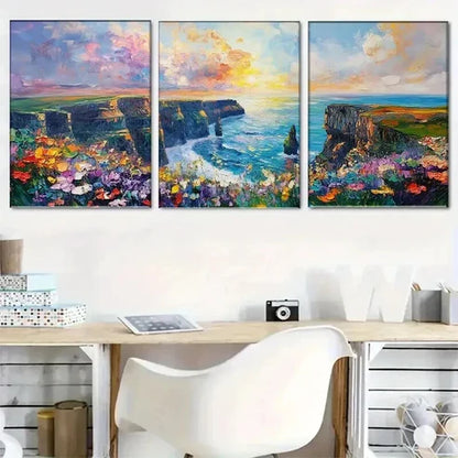 3pcs Cliffs by Sea with Colorful Flower Wall Art Set Canvas Unframed - High Quality Print 100% Australian Made Wall Canvas - Bella Home Decor