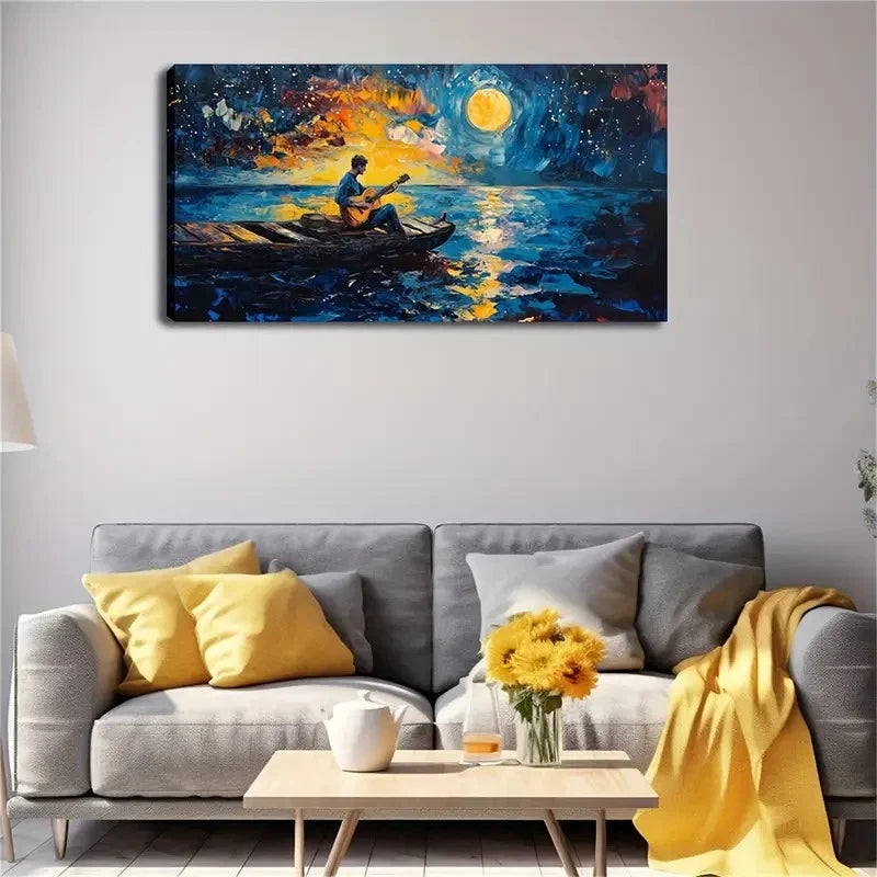 Guitarist Under Starry Night Wall Art Canvas Office Home Room Framed 120x60cm
