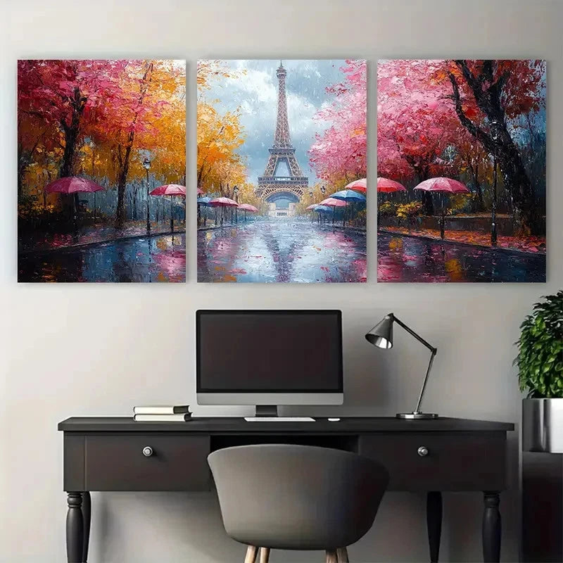 3pcs Parisian Eiffel Tower Scene Rainy Day Street Metal Print Ready to Hang Art - Bella Home Decor