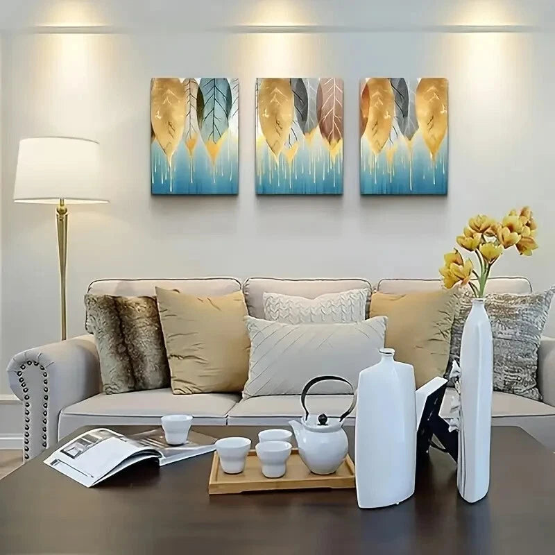 3pcs Golden Leaves Abstract Paintings Metal Print Ready to Hang Art