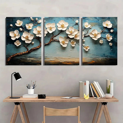 3pcs White Blossom Tree Painting Textured Metal Print Ready to Hang Art - Bella Home Decor