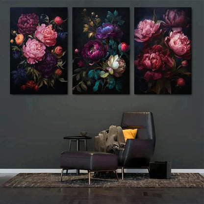 3pcs Dark Floral Peony  Canvas Framed 50x70cm - High Quality Print 100% Australian Made Wall Canvas Ready to Hang - Bella Home Decor
