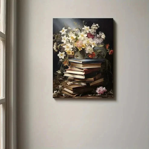 Beautiful Vintage Floral Bookstore Painting 60x90cm Metal Print Ready to Hang