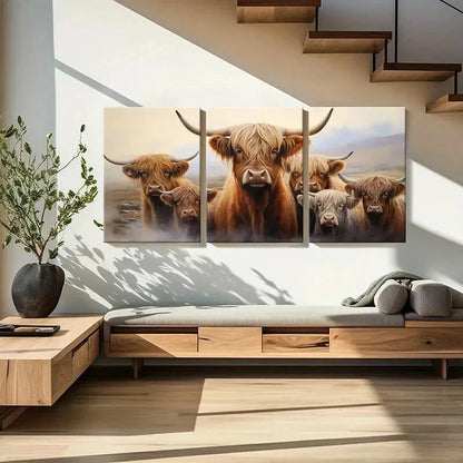 3pcs Posters of Majestic Highland Cattle with Horn Metal Print Ready to Hang Art - Bella Home Decor
