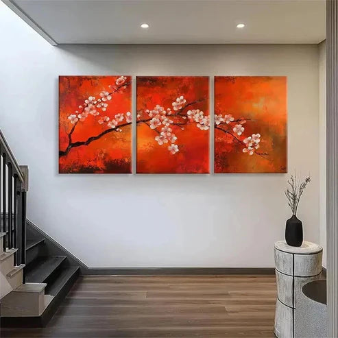 3pcs Red & Pink Flowering Cherry Tree Perfect Wall Art Set Canvas Unframed - High Quality Print 100% Australian Made Wall Canvas