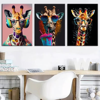 3pcs stylish giraffe - animal paintings graffiti Wall Art Set Canvas Framed 60x90cm - High Quality Print 100% Australian Made Wall Canvas Ready to Hang - Bella Home Decor