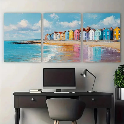 3pcs Worthing West Sussex Coastal Illustration Wall Art Set Canvas Framed 60x90cm - High Quality Print 100% Australian Made Wall Canvas Ready to Hang