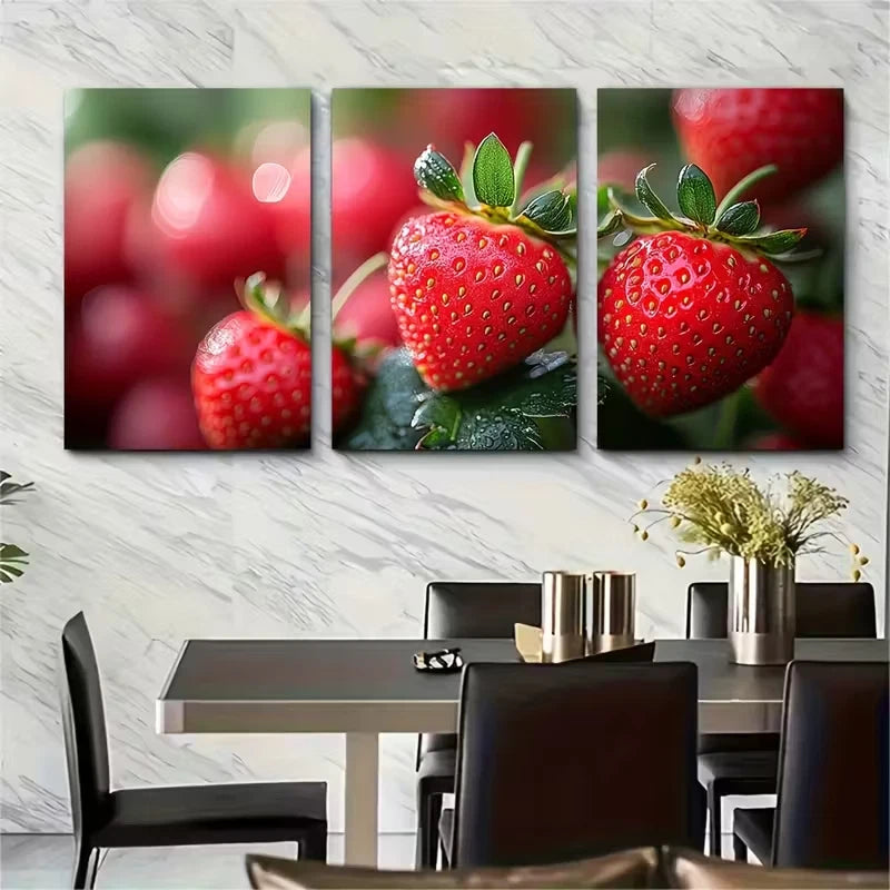 3pcs Elegant Strawberry Blossom Macro Photography Metal Print Ready to Hang Art