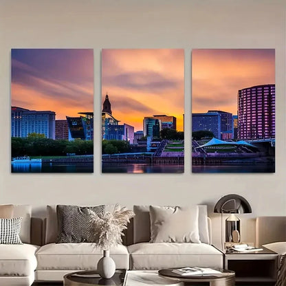 3pcs Vibrant Cityscape at Dusk with Purple Skies Metal Print Ready to Hang Art