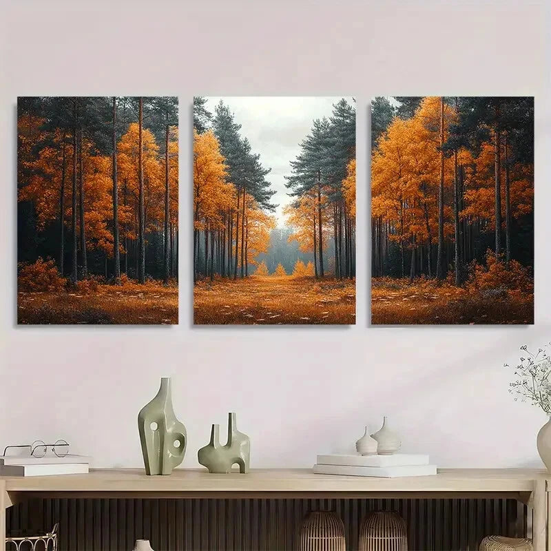 3pcs Serene Pine Tree Forest Autumn Metal Print Ready to Hang Art - Bella Home Decor