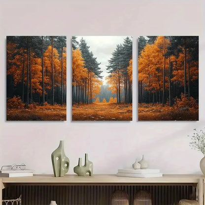 3pcs Serene Pine Tree Forest Autumn Metal Print Ready to Hang Art - Bella Home Decor