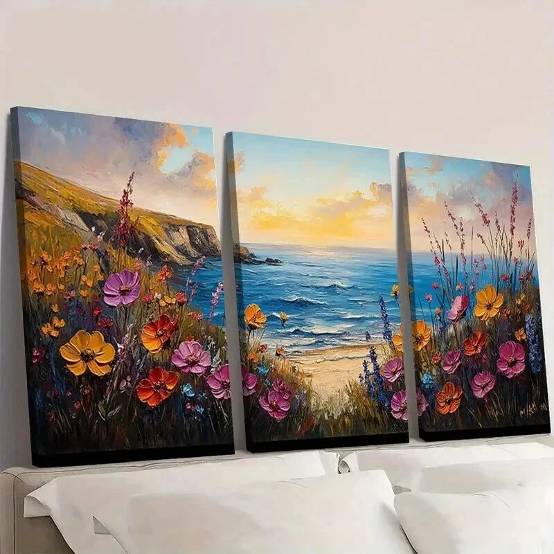 3pcs Coast Beach Wildflowers Landscape Wall Art Set Canvas Framed 60x90cm - High Quality Print 100% Australian Made Wall Canvas Ready to Hang - Bella Home Decor