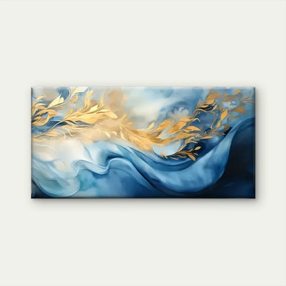 Blue & Golden Floral Waves Wall Art Canvas Office Home Room Framed 120x60cm