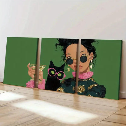 3pcs Woman Fashion Glasses, Green Background Wall Art Set Canvas Framed 40x60cm - High Quality Print 100% Australian Made Wall Canvas Ready to Hang