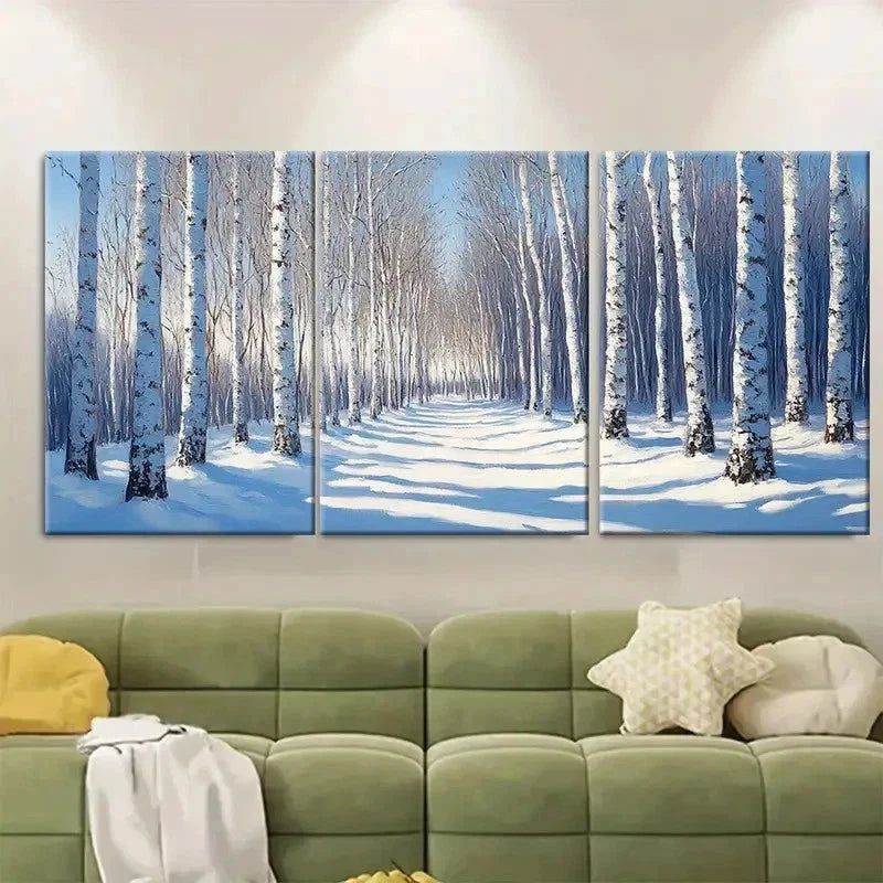 3pcs Birch Trees Snow Forest Landscape EU Wall Art Set Canvas Framed 60x90cm - High Quality Print 100% Australian Made Wall Canvas Ready to Hang - Bella Home Decor