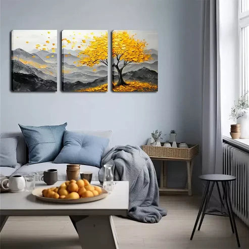 3pcs A Yellow Big Tree on a Mountain  Wall Art Set Canvas Unframed - High Quality Print 100% Australian Made Wall Canvas - Bella Home Decor