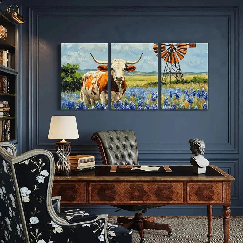 3pcs Texas Longhorn Cow Bluebonnet Flowers Metal Print Ready to Hang Art - Bella Home Decor
