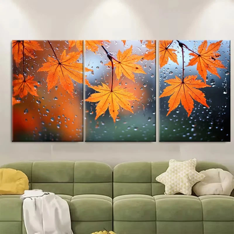 3pcs Autumn Rainfall Orange Maple Leaves Metal Print Ready to Hang Art - Bella Home Decor