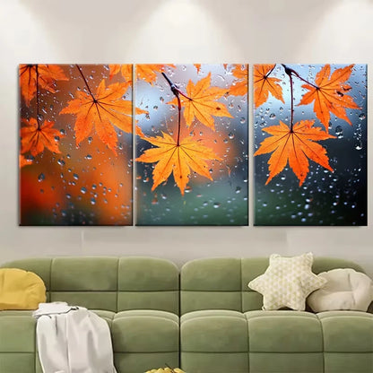 3pcs Autumn Rainfall Orange Maple Leaves Metal Print Ready to Hang Art - Bella Home Decor