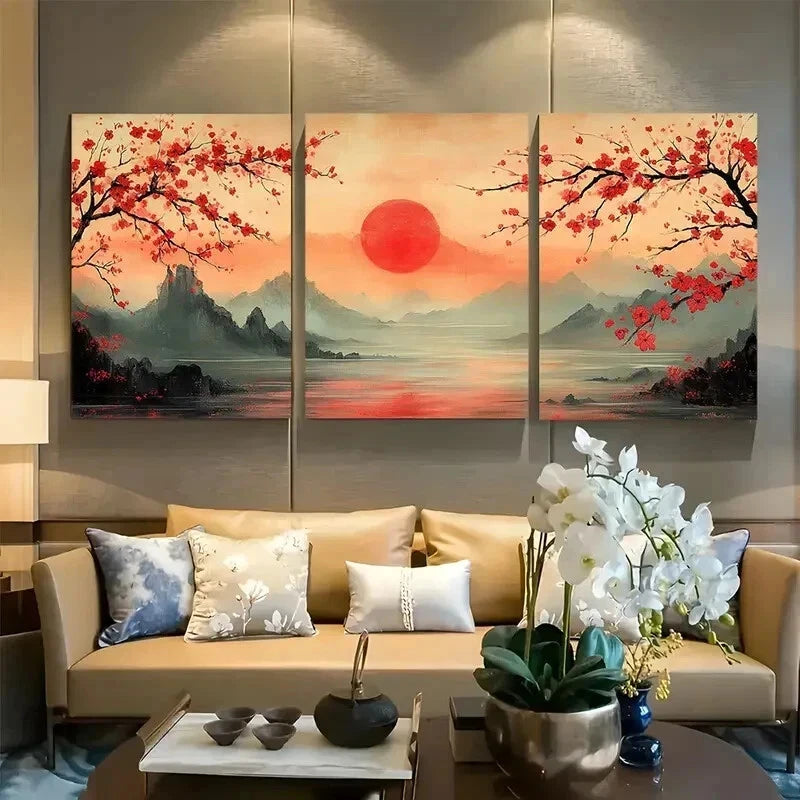 3pcs Japanese Landscape Cherry Blossom Wall Art Set Canvas Framed 60x90cm - High Quality Print 100% Australian Made Wall Canvas Ready to Hang - Bella Home Decor