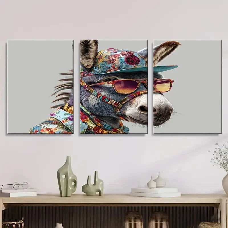 3pcs Cool Stylish Donkey with Baseball Cap Wall Art Set Canvas Framed 40x60cm - High Quality Print 100% Australian Made Wall Canvas Ready to Hang - Bella Home Decor