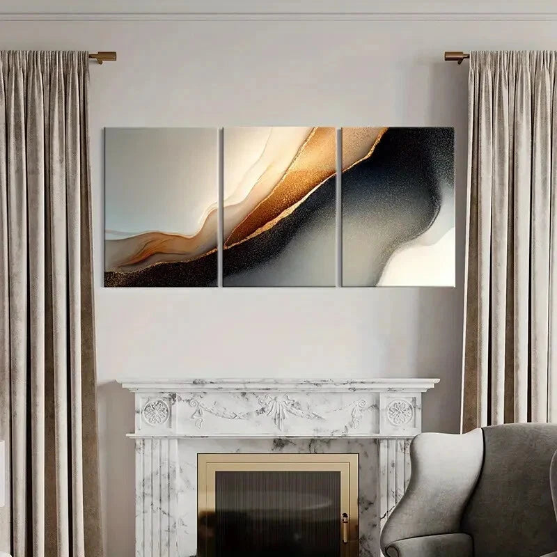 3pcs Abstract Art Golden Glitter Flowing Lines Metal Print Ready to Hang Art - Bella Home Decor