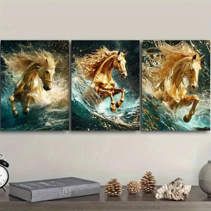 3pcs Golden Horse Classic Modern Style Metal Print Ready to Hang Art - Bella Home Decor