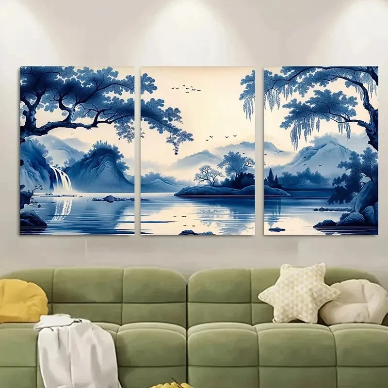 3pcs Chinese Landscape Painting with Tranquil Lake Metal Print Ready to Hang Art - Bella Home Decor