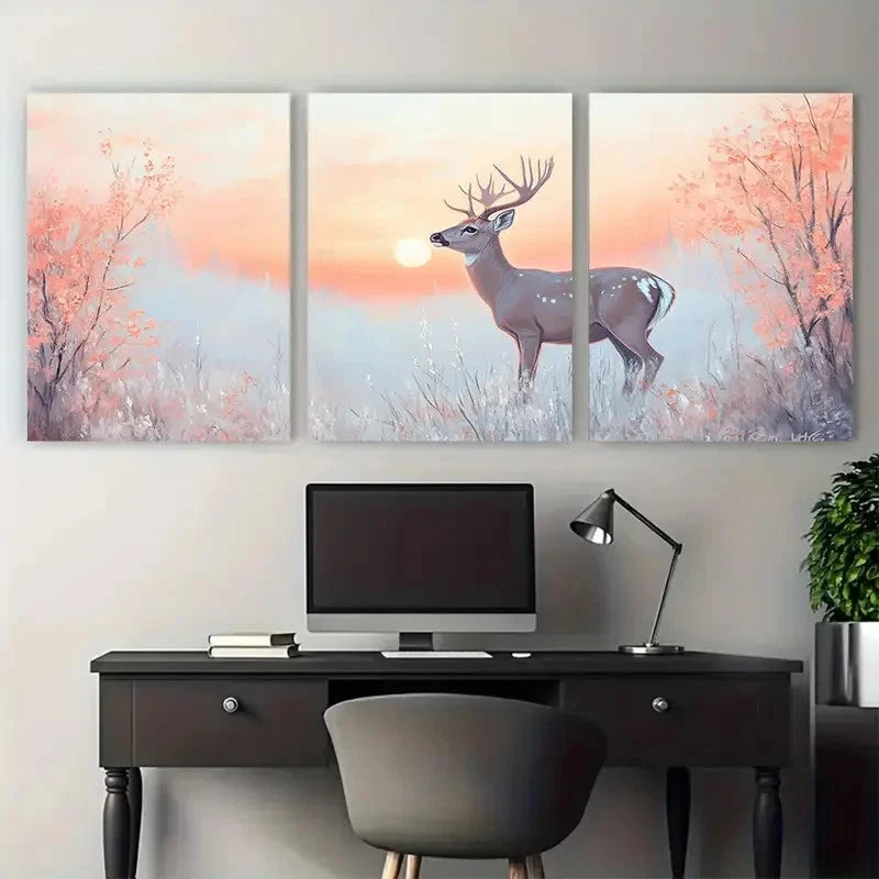 3pcs Graceful Deer under Soft Pastel Sunrise Wall Art Set Canvas Framed 60x90cm - High Quality Print 100% Australian Made Wall Canvas Ready to Hang