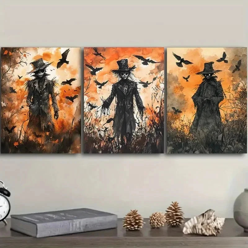 3pcs Scarecrow Themed Painting Metal Print Ready to Hang Art