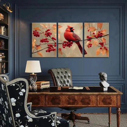 3pcs Cardinal Bird Red Berries Autumn Leaves Metal Print Ready to Hang Art - Bella Home Decor