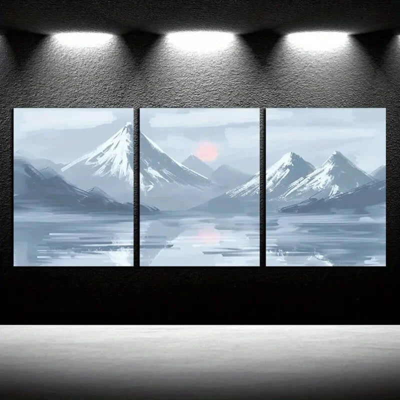 3pcs Misty Snow Covered Mountains with lake Design Metal Print Ready to Hang Art - Bella Home Decor