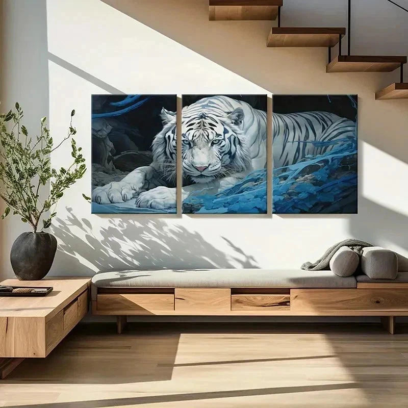 3pcs White Tiger Fantasy Animal Decor Wall Art Set Canvas Framed 50x70cm - High Quality Print 100% Australian Made Wall Canvas Ready to Hang