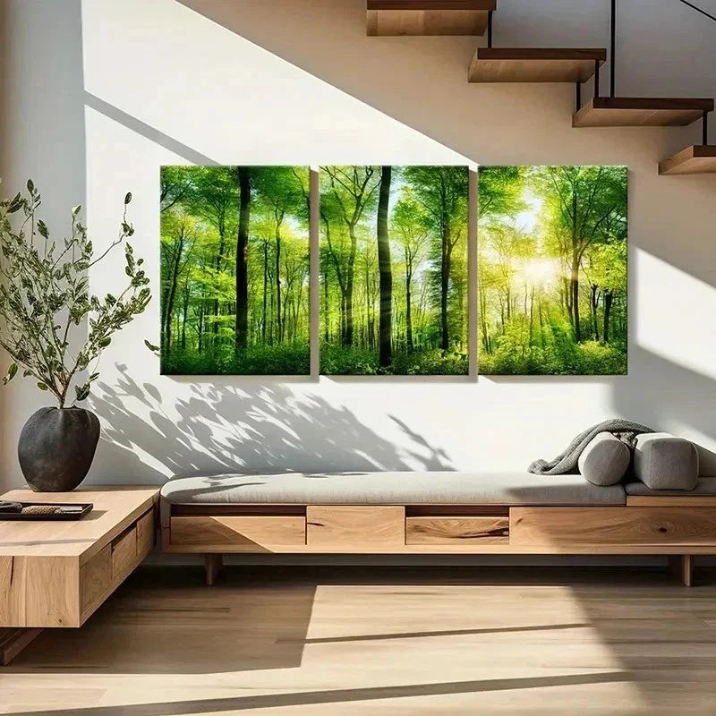 3pcs Sun Through Green Forest Landscape Wall Art Set Canvas Framed 50x70cm - High Quality Print 100% Australian Made Wall Canvas Ready to Hang