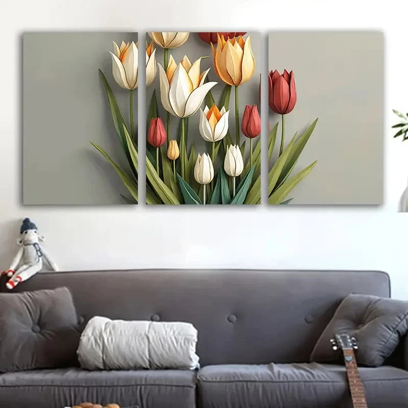 3pcs Red White & Yellow Tulips With Green Leaves Wall Art Set Canvas Framed 50x70cm - High Quality Print 100% Australian Made Wall Canvas Ready to Hang