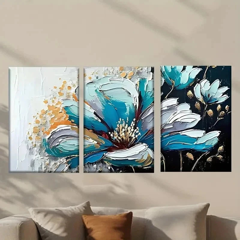 3pcs Blue Flowers with Golden Accent Wall Art Set Canvas Framed 40x60cm - High Quality Print 100% Australian Made Wall Canvas Ready to Hang - Bella Home Decor