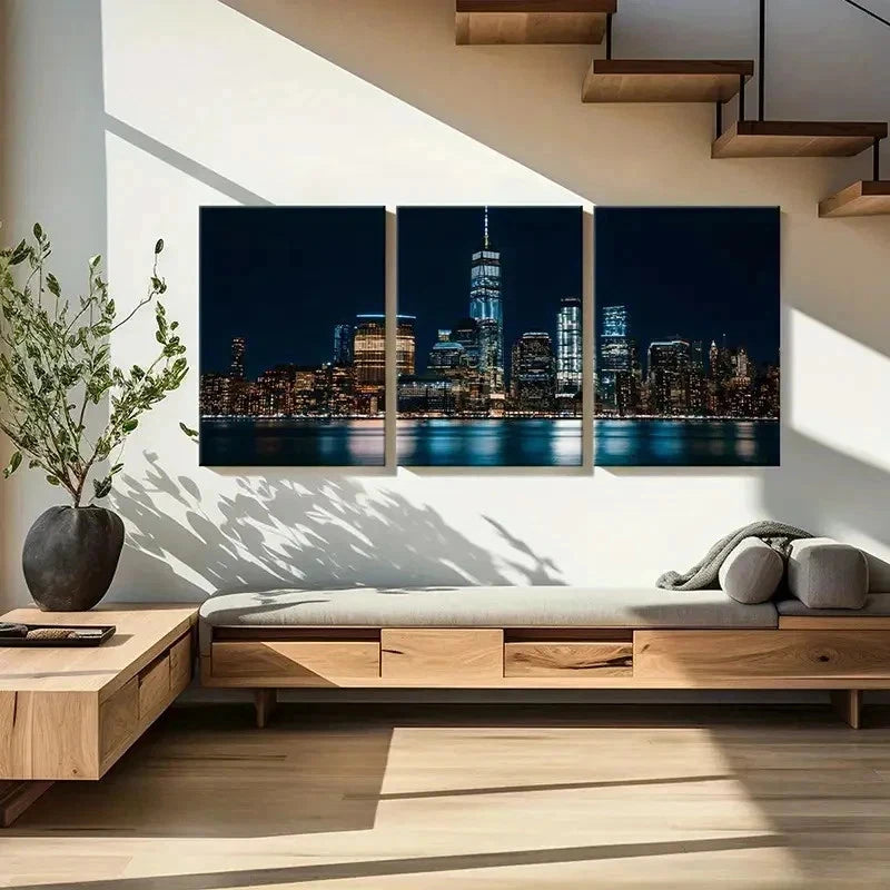 3pcs New York City at Night Modern Wall Art Set Canvas Framed 50x70cm - High Quality Print 100% Australian Made Wall Canvas Ready to Hang