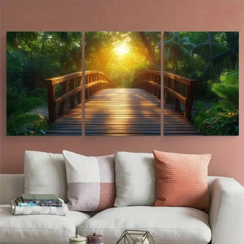 3pcs Sunlit Wooden Bridge in Tropical Jungle Metal Print Ready to Hang Art - Bella Home Decor