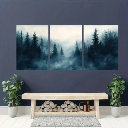 3pcs Foggy Pine Forest Watercolor Painting Metal Print Ready to Hang Art - Bella Home Decor