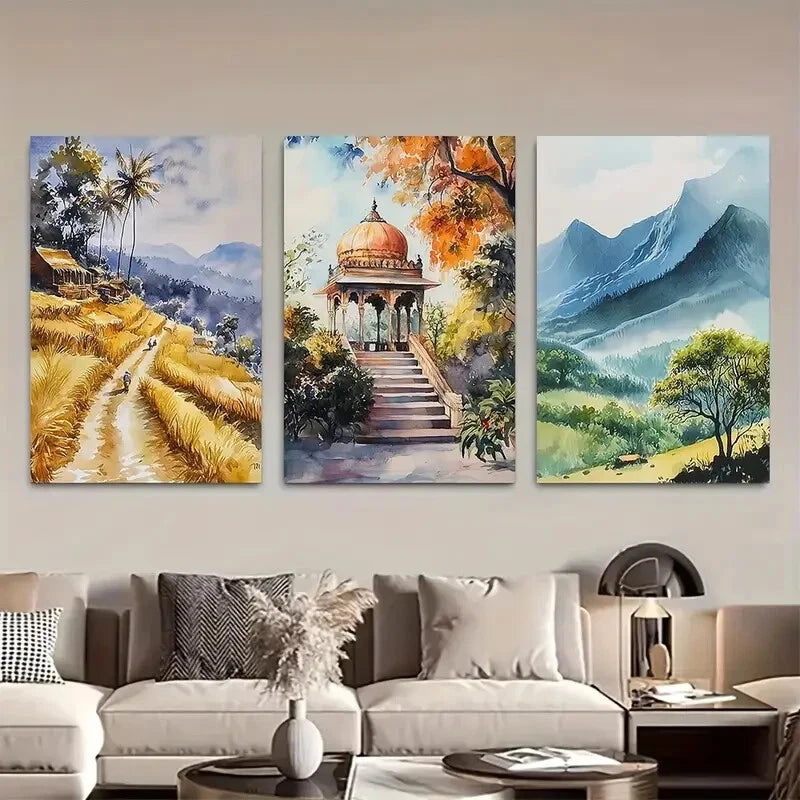 3pcs Beautiful Indian Nature Landscape Design Metal Print Ready to Hang Art - Bella Home Decor