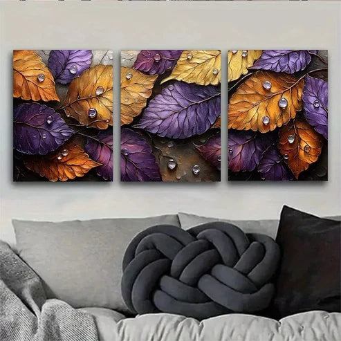 3pcs Autumn Leaves with Water Droplets Wall Art Set Canvas Framed 60x90cm - High Quality Print 100% Australian Made Wall Canvas Ready to Hang