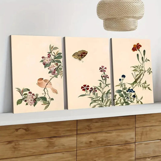 3pcs Vintage Flowers Birds Florals Green Leaves Wall Art Set Canvas Framed 50x70cm - High Quality Print 100% Australian Made Wall Canvas Ready to Hang