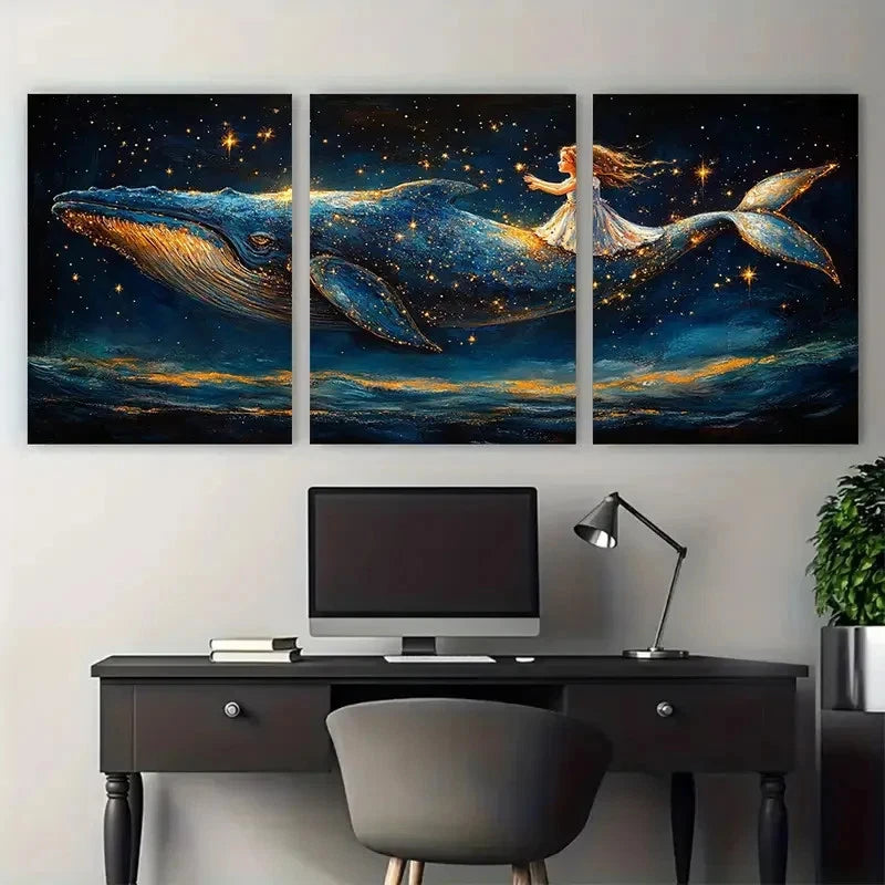 3pcs Starry Whale Daughter Fantasy Wall Art Set Canvas Framed 40x60cm - High Quality Print 100% Australian Made Wall Canvas Ready to Hang - Bella Home Decor