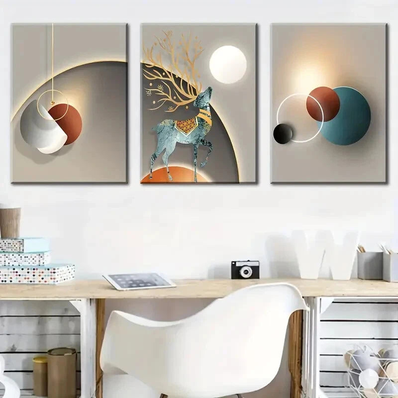 3pcs Luxurious Geometric Shapes And Light Metal Print Ready to Hang Art - Bella Home Decor